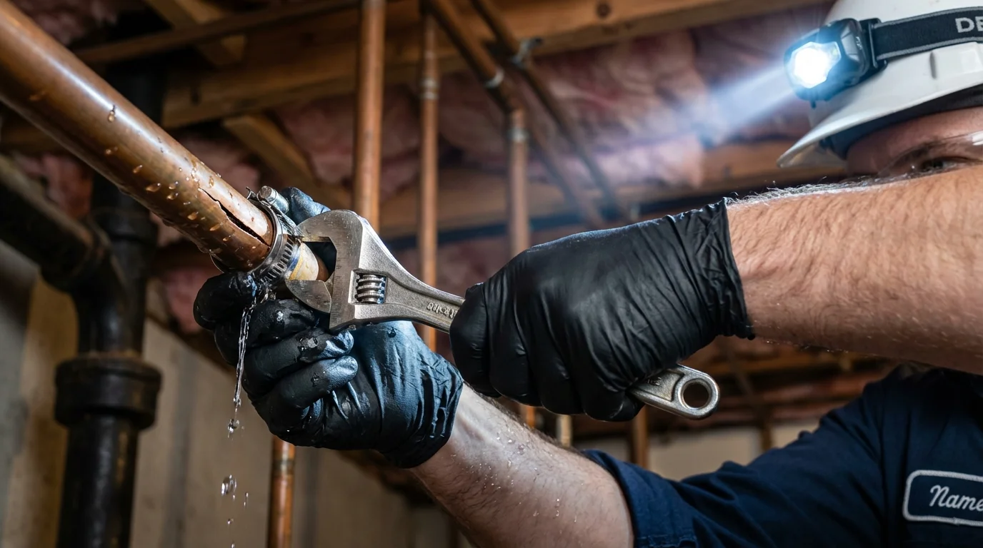 Emergency pipe clamp repair being performed by a Johns Plumbing LLC plumber in Thiells