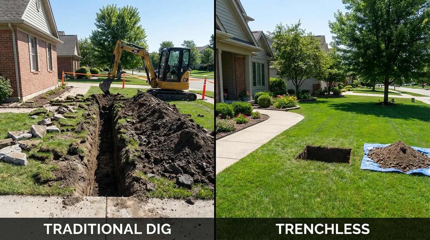 Trenchless sewer repair with minimal yard damage versus traditional excavation in Thiells, NY