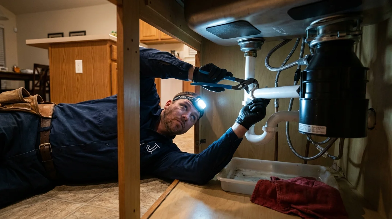 P-trap and supply line connections under a kitchen sink showing a common leak point in Thiells, NY